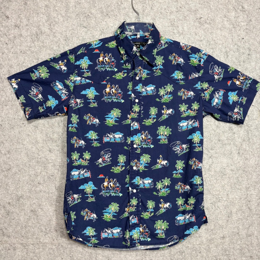 Tin Haul Western Pearl Snap Shirt Mens Small Navy Blue Rodeo Tropical Print